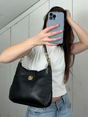 Vintage 80s Celine Black Smooth Leather Hobo Shoulder Bag Gold-Toned Hardware